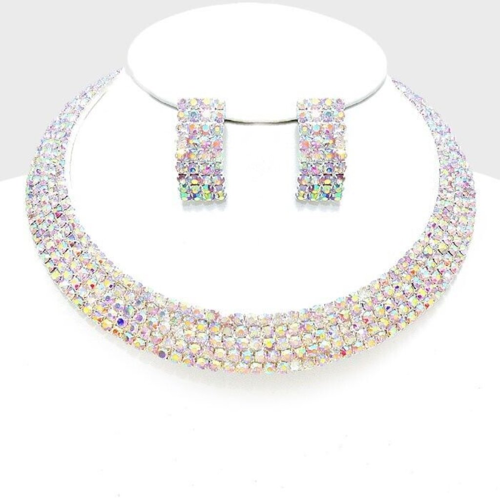 Silver 5 Row Iridescent Rhinestone Crystal Flexible Choker Necklace Set Wedding